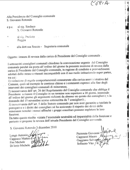 San Giovanni Rotondo NET - Istanza di revoca Presidente del Consiglio Comunale